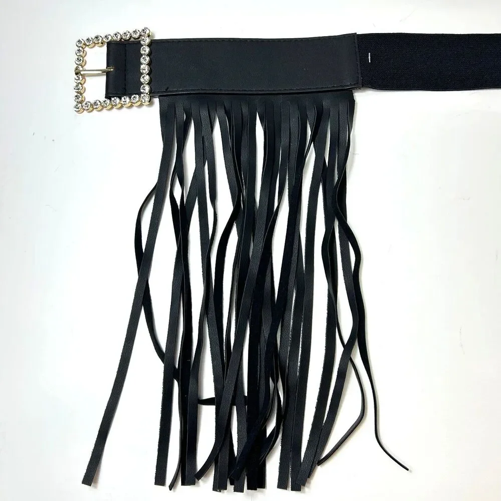 Women's NWOT Black Fringe Clear Gem Detail Buckle Elastic and Faux Leather Belt